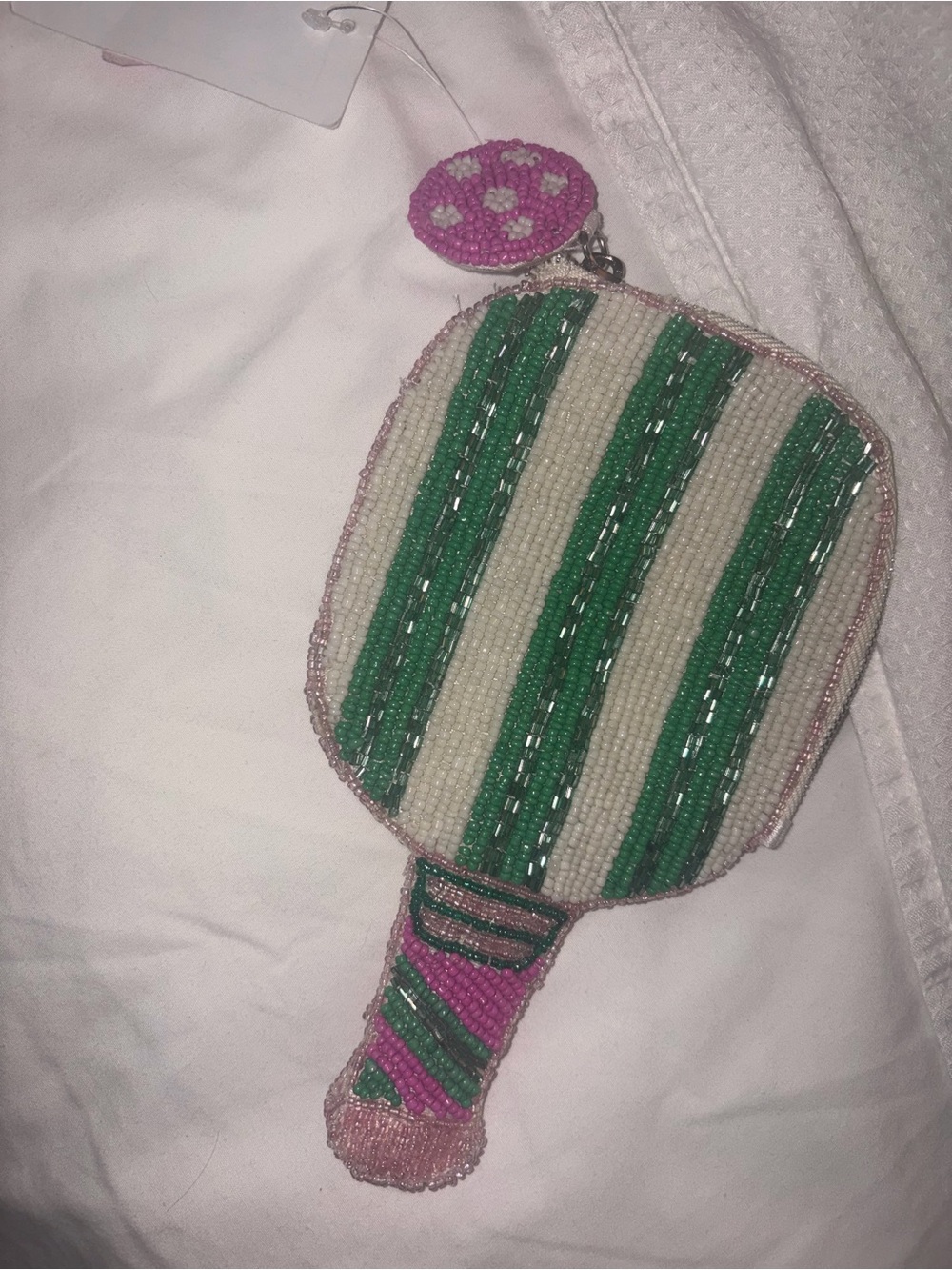 Small Beaded pickleball Paddle-Shaped Wristlet Bag in Pink and Green coin purse
